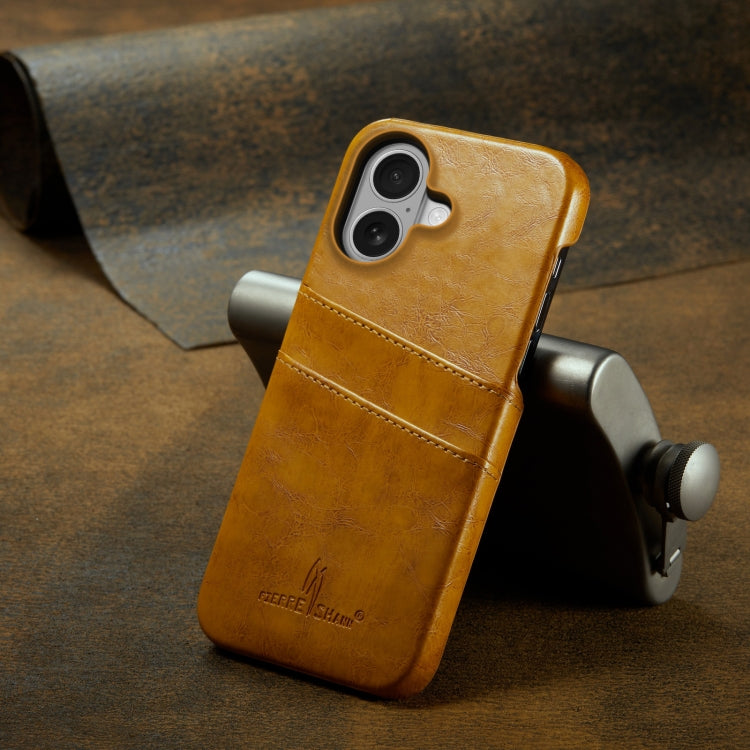 For iPhone 16 Fierre Shann Retro Oil Wax Texture Card Slots PU Leather Phone Case(Yellow)