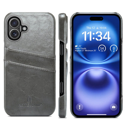 For iPhone 16 Fierre Shann Retro Oil Wax Texture Card Slots PU Leather Phone Case(Grey)