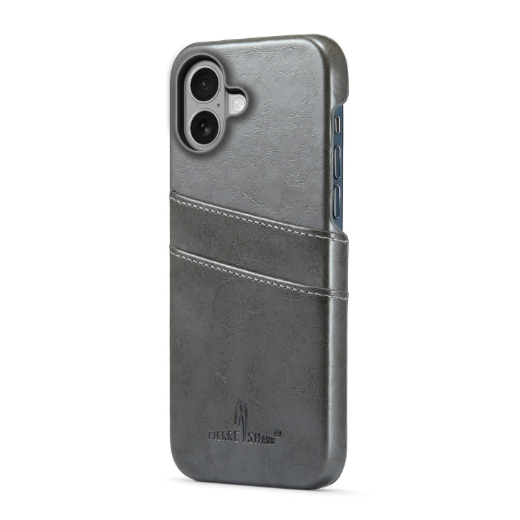 For iPhone 16 Fierre Shann Retro Oil Wax Texture Card Slots PU Leather Phone Case(Grey)