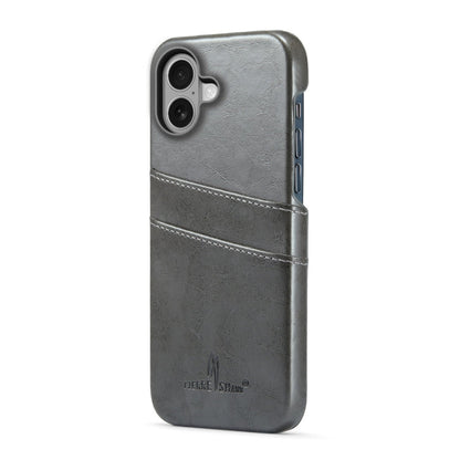 For iPhone 16 Fierre Shann Retro Oil Wax Texture Card Slots PU Leather Phone Case(Grey)