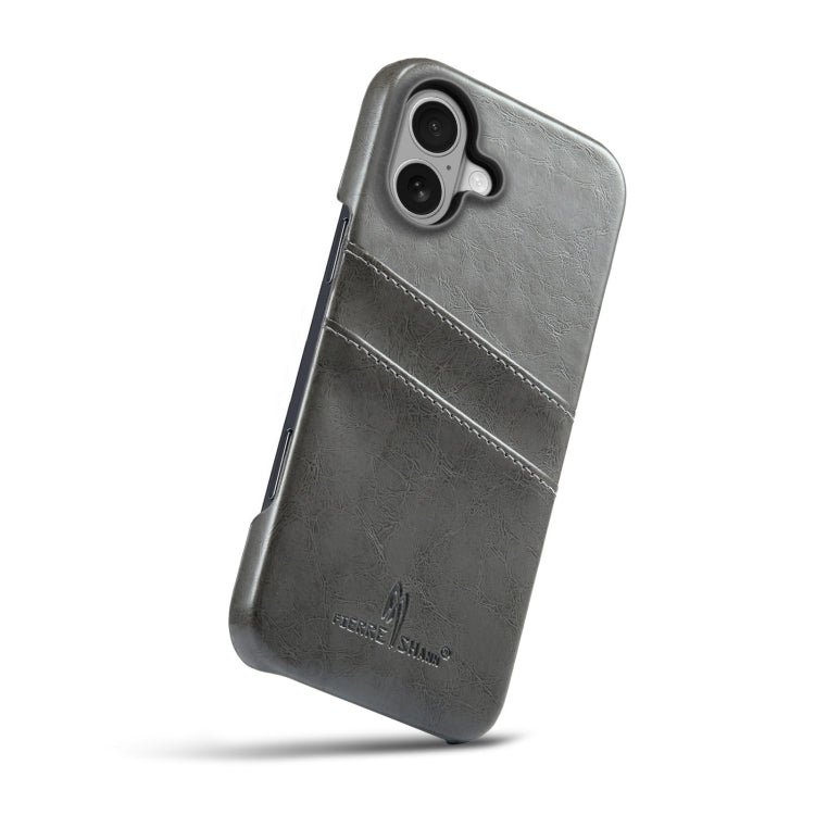 For iPhone 16 Fierre Shann Retro Oil Wax Texture Card Slots PU Leather Phone Case(Grey)