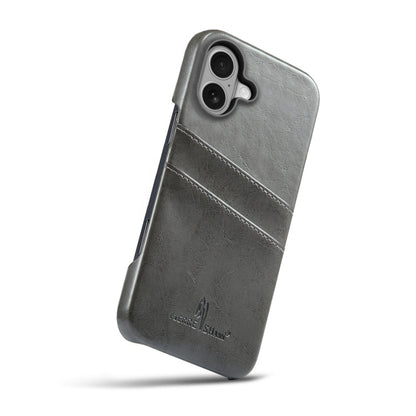 For iPhone 16 Fierre Shann Retro Oil Wax Texture Card Slots PU Leather Phone Case(Grey)