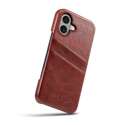 For iPhone 16 Fierre Shann Retro Oil Wax Texture Card Slots PU Leather Phone Case(Brown)