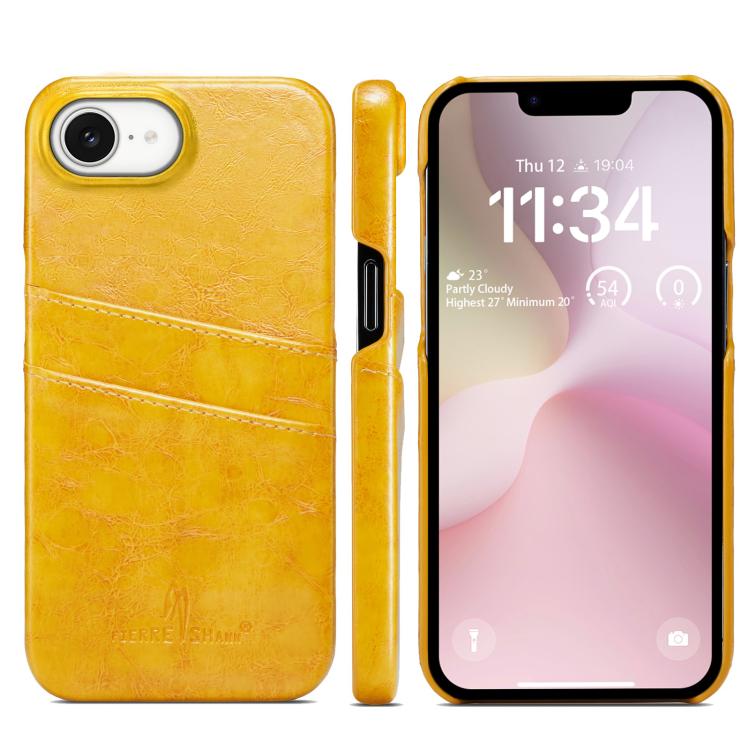 For iPhone 17e / 16e Fierre Shann Retro Oil Wax Texture Card Slots PU Leather Phone Case(Yellow)