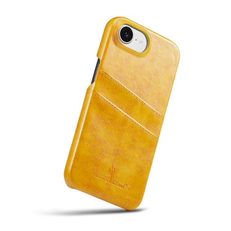 For iPhone 17e / 16e Fierre Shann Retro Oil Wax Texture Card Slots PU Leather Phone Case(Yellow)