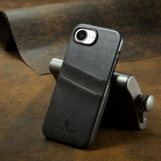 For iPhone 17e / 16e Fierre Shann Retro Oil Wax Texture Card Slots PU Leather Phone Case(Grey)