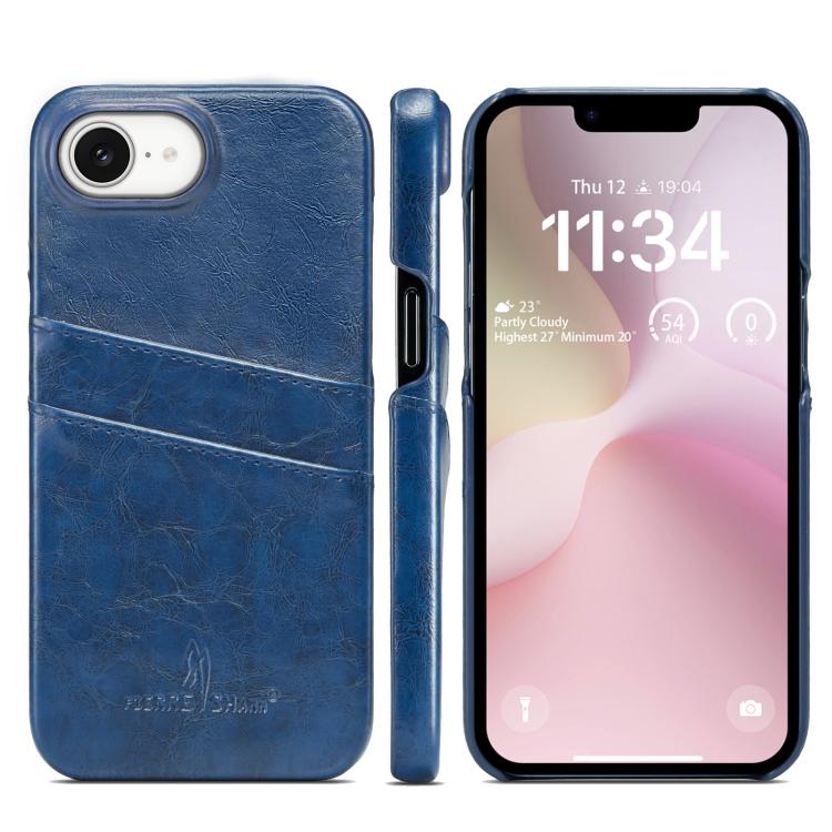 For iPhone 17e / 16e Fierre Shann Retro Oil Wax Texture Card Slots PU Leather Phone Case(Blue)