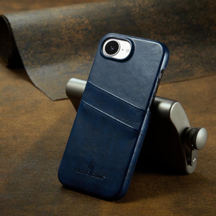 For iPhone 17e / 16e Fierre Shann Retro Oil Wax Texture Card Slots PU Leather Phone Case(Blue)