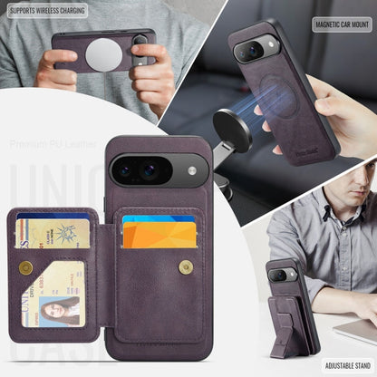 For Google Pixel 9 / 9 Pro Fierre Shann Cowhide Horizontal Flip Magnetic Card Holder Phone Case(Purple)