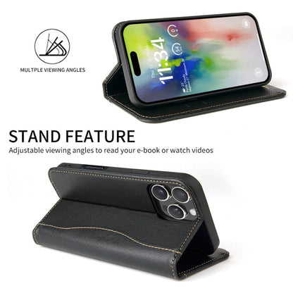 For iPhone 16 Pro Max Fierre Shann Cowhide Leather Flip Leather Phone Case(Black)