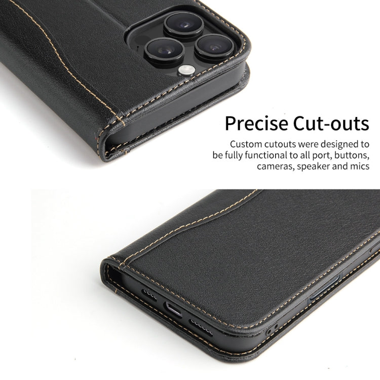 For iPhone 16 Pro Max Fierre Shann Cowhide Leather Flip Leather Phone Case(Black)