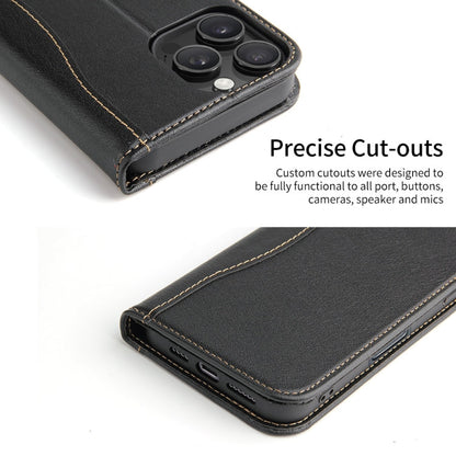 For iPhone 16 Pro Max Fierre Shann Cowhide Leather Flip Leather Phone Case(Black)