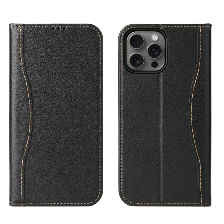 For iPhone 16 Pro Max Fierre Shann Cowhide Leather Flip Leather Phone Case(Black)