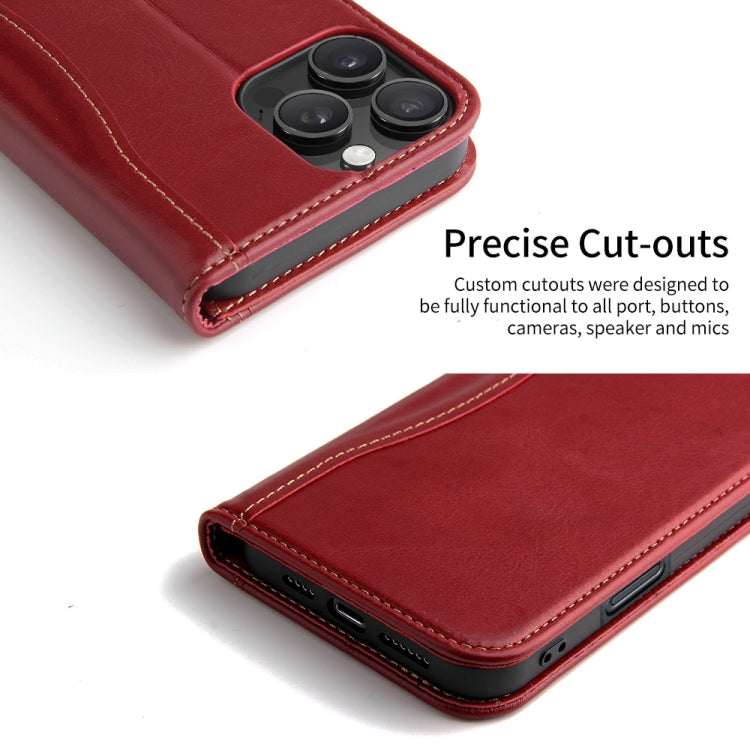 For iPhone 16 Pro Max Fierre Shann Cowhide Leather Flip Leather Phone Case(Red)
