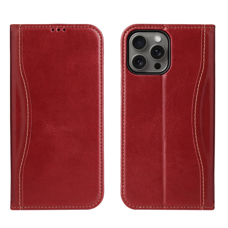 For iPhone 16 Pro Max Fierre Shann Cowhide Leather Flip Leather Phone Case(Red)