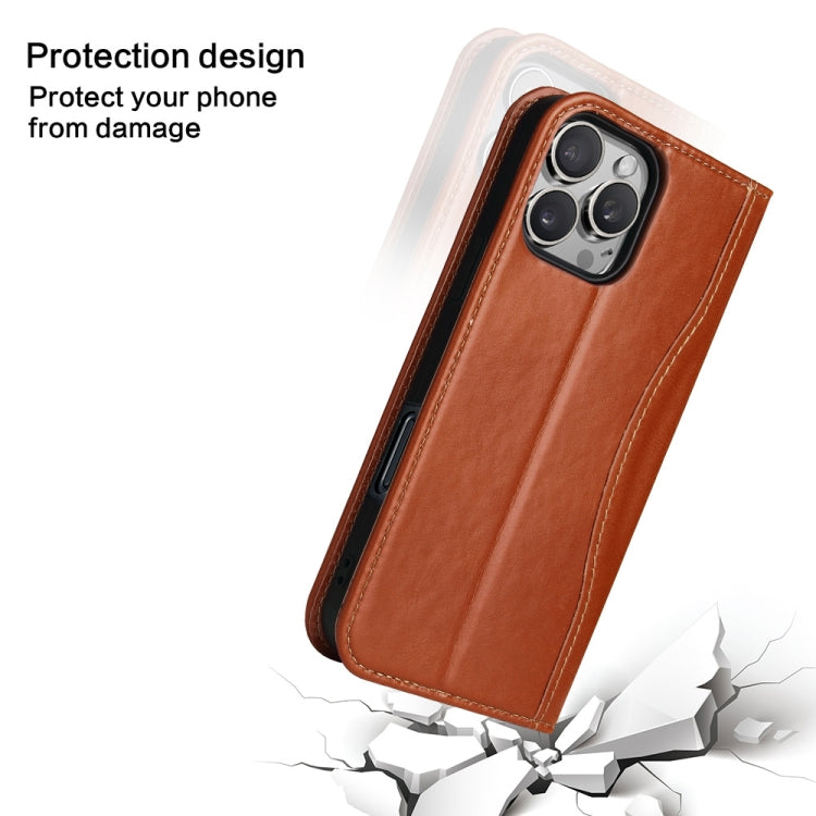 For iPhone 16 Pro Max Fierre Shann Cowhide Leather Flip Leather Phone Case(Brown)