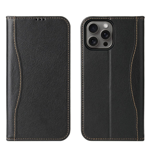 For iPhone 16 Pro Fierre Shann Cowhide Leather Flip Leather Phone Case(Black)