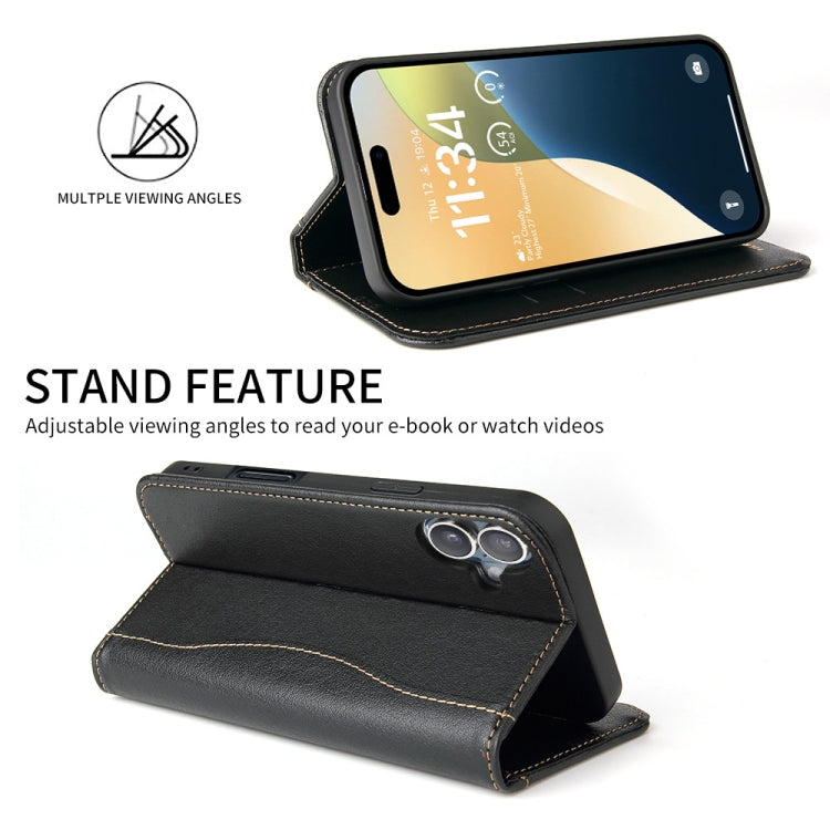 For iPhone 16 Fierre Shann Cowhide Leather Flip Leather Phone Case(Black)