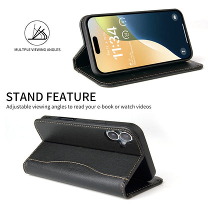 For iPhone 16 Fierre Shann Cowhide Leather Flip Leather Phone Case(Black)