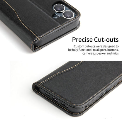 For iPhone 16 Fierre Shann Cowhide Leather Flip Leather Phone Case(Black)