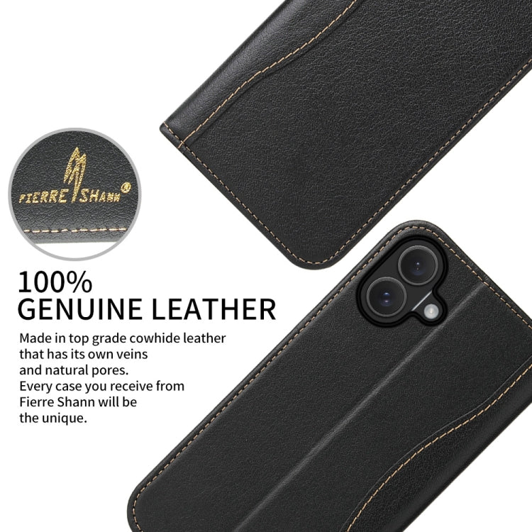 For iPhone 16 Fierre Shann Cowhide Leather Flip Leather Phone Case(Black)