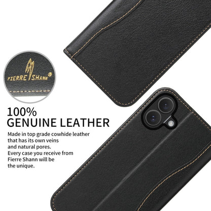 For iPhone 16 Fierre Shann Cowhide Leather Flip Leather Phone Case(Black)