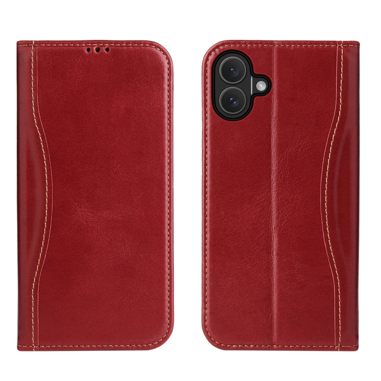 For iPhone 16 Fierre Shann Cowhide Leather Flip Leather Phone Case(Red)