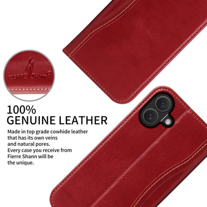 For iPhone 16 Fierre Shann Cowhide Leather Flip Leather Phone Case(Red)