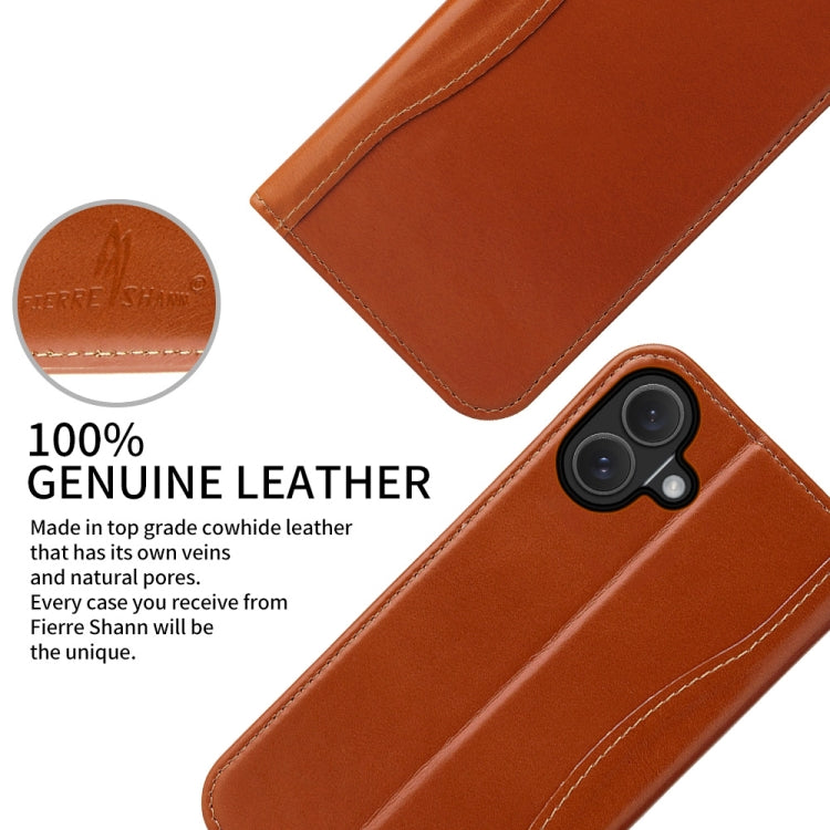 For iPhone 16 Fierre Shann Cowhide Leather Flip Leather Phone Case(Brown)