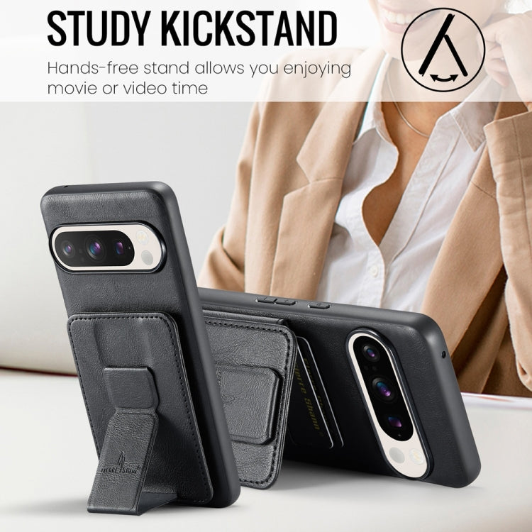 Pour l'étui de téléphone arrière en cuir de vachette ciré Fierre Shann avec porte-cartes pour Google Pixel 9 Pro XL (Noir)