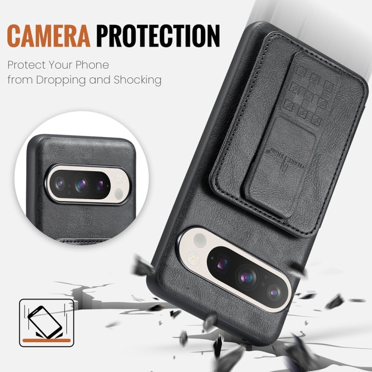 Pour l'étui de téléphone arrière en cuir de vachette ciré Fierre Shann avec porte-cartes pour Google Pixel 9 Pro XL (Noir)