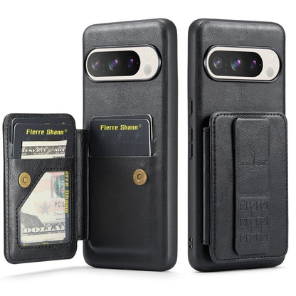 Pour l'étui de téléphone arrière en cuir de vachette ciré Fierre Shann avec porte-cartes pour Google Pixel 9 Pro XL (Noir)