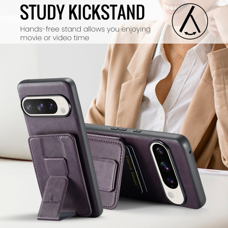 For Google Pixel 9 Pro XL Fierre Shann Oil Wax Cow Leather Card Holder Back Phone Case(Purple)