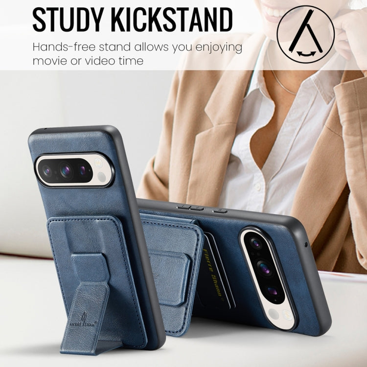 For Google Pixel 9 / 9 Pro Fierre Shann Oil Wax Cow Leather Card Holder Back Phone Case(Blue)
