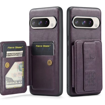 Pour Google Pixel 9 / 9 Pro Fierre Shann Étui de téléphone arrière en cuir de vachette ciré avec porte-cartes (violet)
