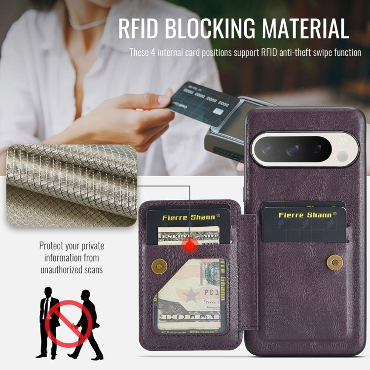 Pour Google Pixel 9 / 9 Pro Fierre Shann Étui de téléphone arrière en cuir de vachette ciré avec porte-cartes (violet)