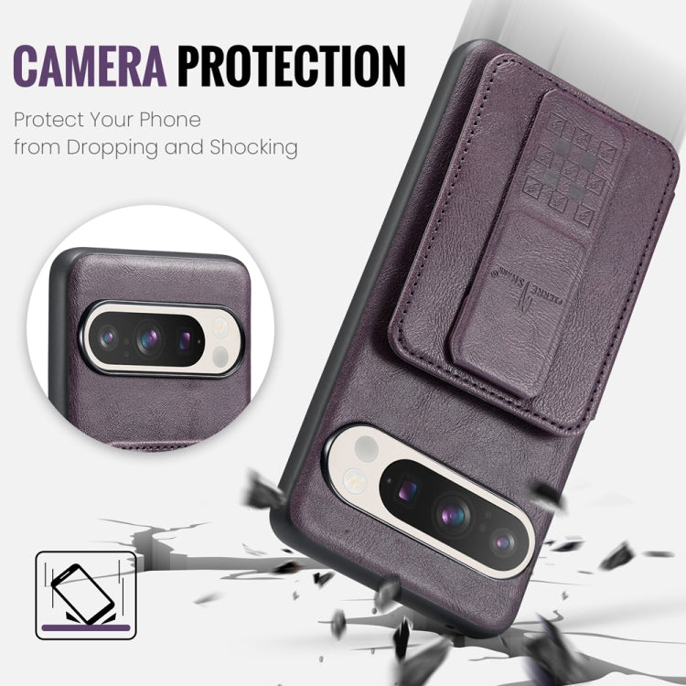 Pour Google Pixel 9 / 9 Pro Fierre Shann Étui de téléphone arrière en cuir de vachette ciré avec porte-cartes (violet)