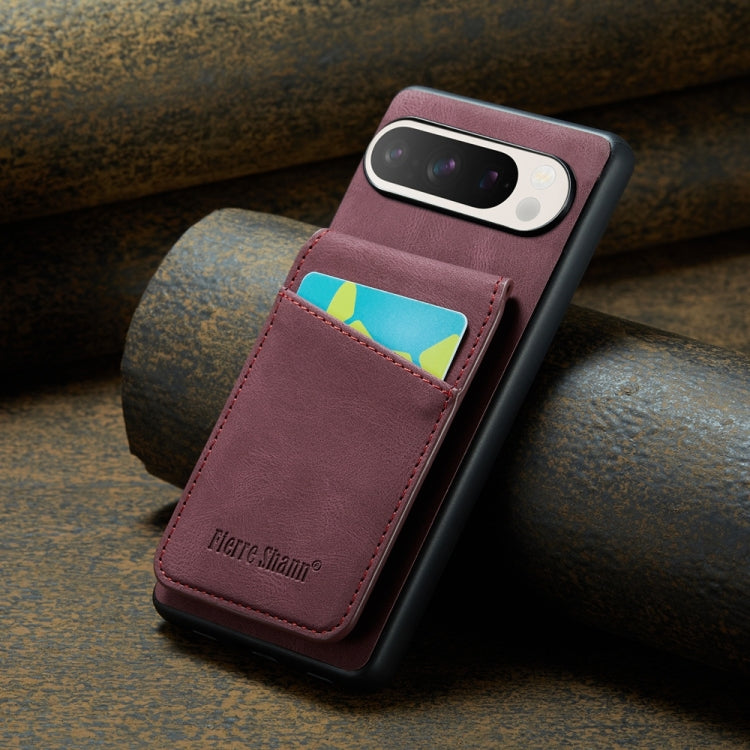 Pour Google Pixel 9 Pro XL Fierre Shann Crazy Horse Étui de Téléphone en PU avec Porte-Cartes à l'arrière (Rouge Vin)