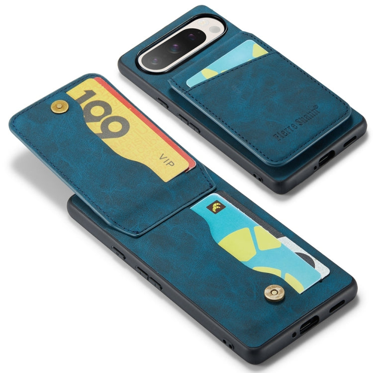 For Google Pixel 9 Pro XL Fierre Shann Crazy Horse Card Holder Back Cover PU Phone Case(Blue)