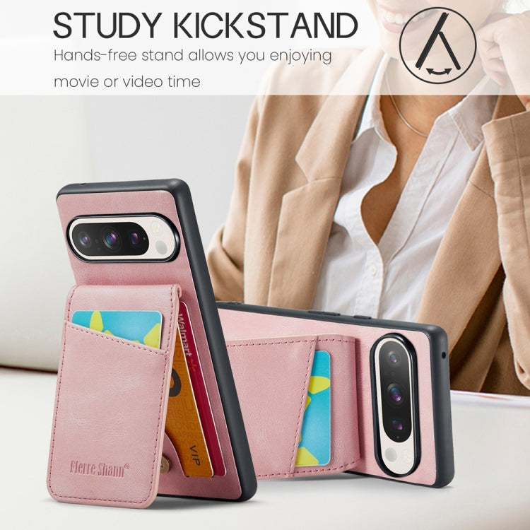 For Google Pixel 9 / 9 Pro Fierre Shann Crazy Horse Card Holder Back Cover PU Phone Case(Pink)