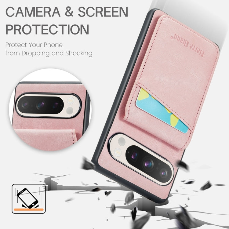 For Google Pixel 9 / 9 Pro Fierre Shann Crazy Horse Card Holder Back Cover PU Phone Case(Pink)