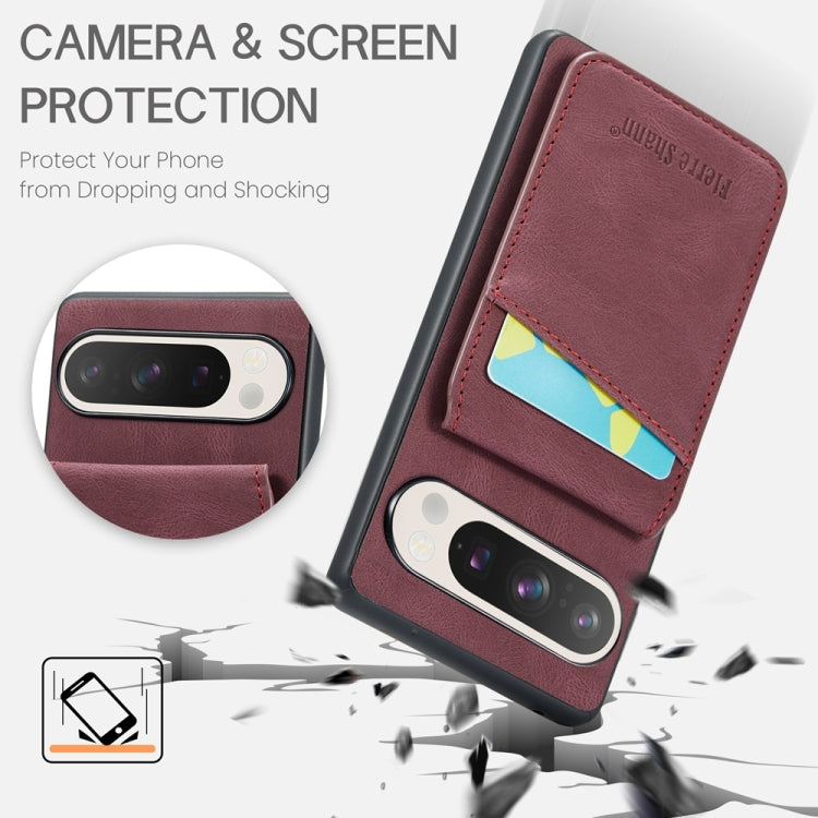 For Google Pixel 9 / 9 Pro Fierre Shann Crazy Horse Card Holder Back Cover PU Phone Case(Wine Red)