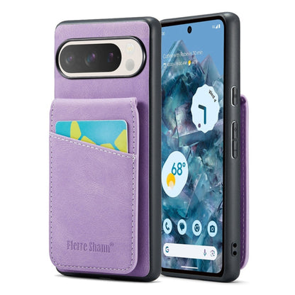 For Google Pixel 9 / 9 Pro Fierre Shann Crazy Horse Card Holder Back Cover PU Phone Case(Purple)