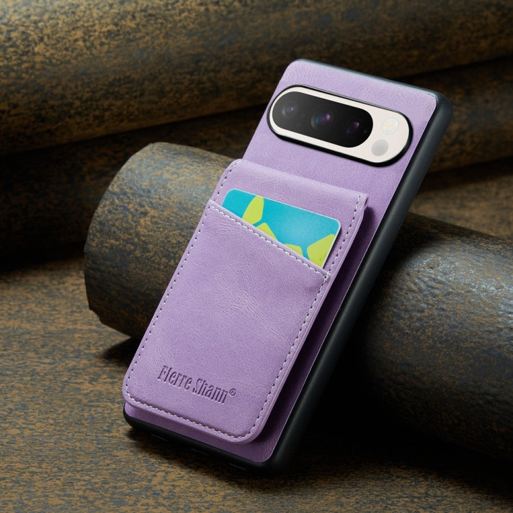 For Google Pixel 9 / 9 Pro Fierre Shann Crazy Horse Card Holder Back Cover PU Phone Case(Purple)