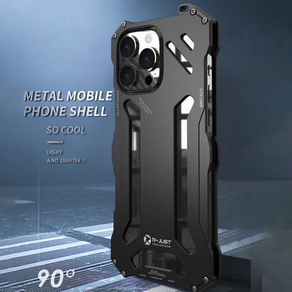 For iPhone 16 Plus R-JUST RJ-17 Shockproof Armor Hollow Metal Phone Case(Black)
