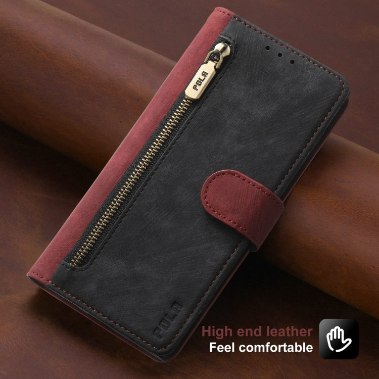 For iPhone 15 Pro POLA Dual-color Zipper Wallet RFID Leather Phone Case(Red Black)