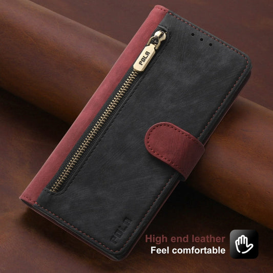 For iPhone 15 Pro POLA Dual-color Zipper Wallet RFID Leather Phone Case(Red Black)