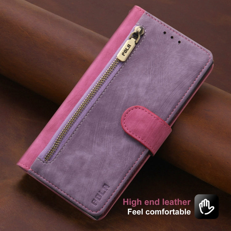 For iPhone 15 Pro POLA Dual-color Zipper Wallet RFID Leather Phone Case(Purple Pink)
