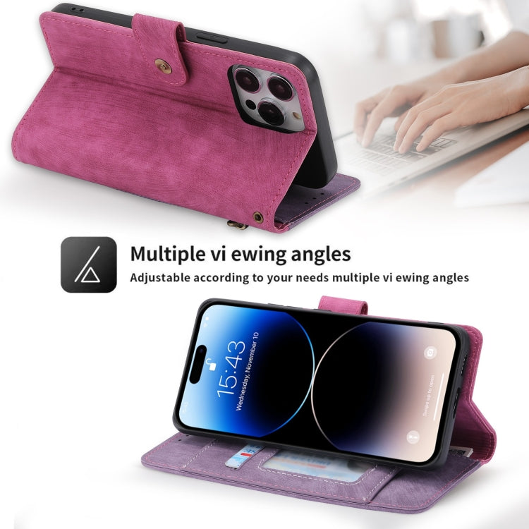 For iPhone 15 Pro POLA Dual-color Zipper Wallet RFID Leather Phone Case(Purple Pink)