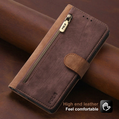 For iPhone 15 Pro POLA Dual-color Zipper Wallet RFID Leather Phone Case(Burgundy Brown)